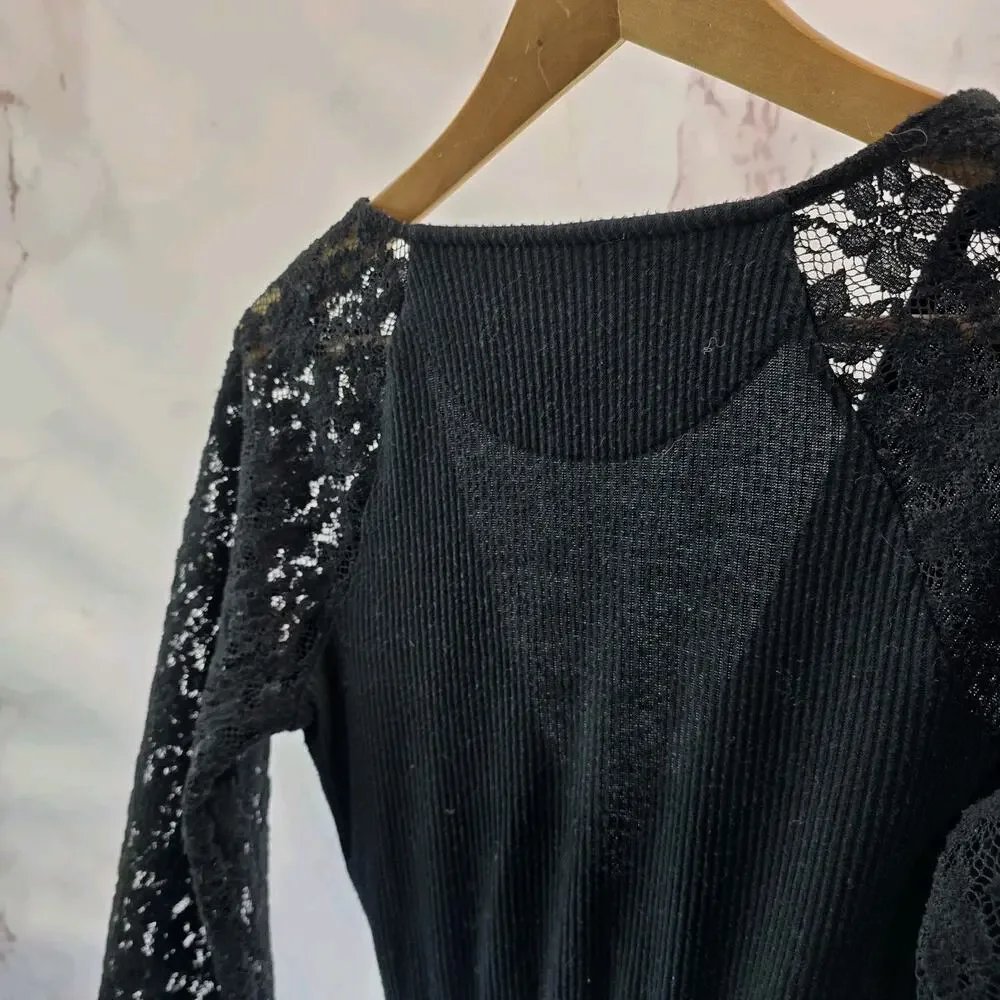 Anthropologie Shirt Womens Small Black Lace Puff Sleeve Faux Wrap Rib Sweater